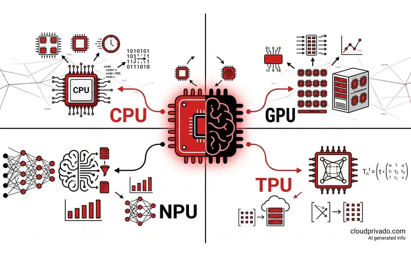 Esquema de los cuatro tipos de procesador para IA: CPU, GPU, TPU y NPU, y para qué sirve cada uno