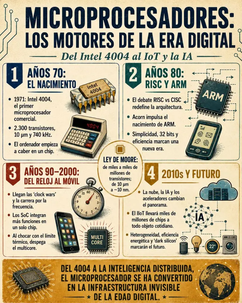 Infografía «Microprocesadores: los motores de la era digital», del Intel 4004 al IoT y la IA, en cuatro etapas: años 70, años 80 (RISC y ARM), años 90-2000 (del reloj al móvil) y 2010s y futuro