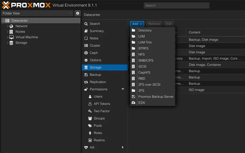 Menú Add de Datacenter > Storage en Proxmox VE 9 con la opción ESXi al final de la lista
