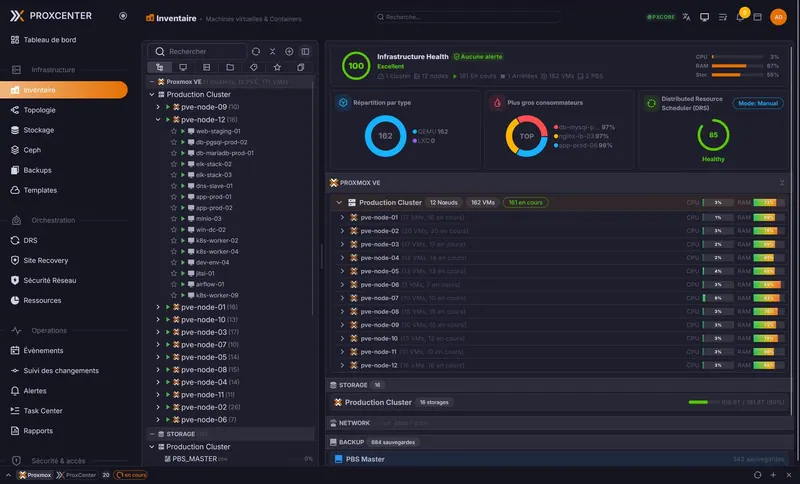 Inventario multi-clúster de ProxCenter: árbol lateral con los nodos y las máquinas de un clúster de producción, panel de salud de la infraestructura con puntuación, reparto de invitados por tipo, mayores consumidores, estado del DRS, y listado de doce nodos con su uso de CPU y memoria