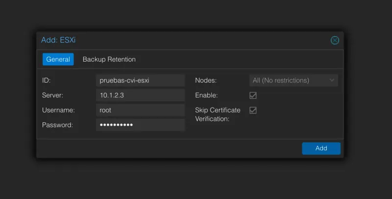 Diálogo Add: ESXi de Proxmox VE con los campos ID, Server, Username y Password rellenos y las casillas Enable y Skip Certificate Verification marcadas