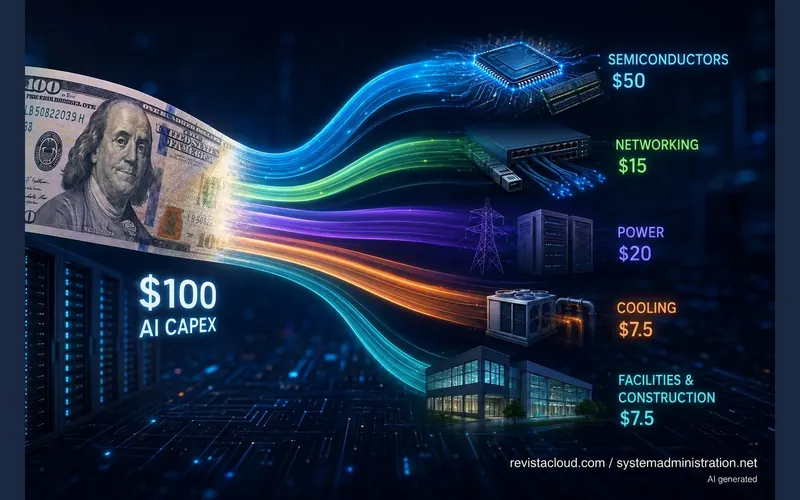 Un billete de cien dólares se abre en cinco flujos de color hacia chips, switches, torres eléctricas y un edificio