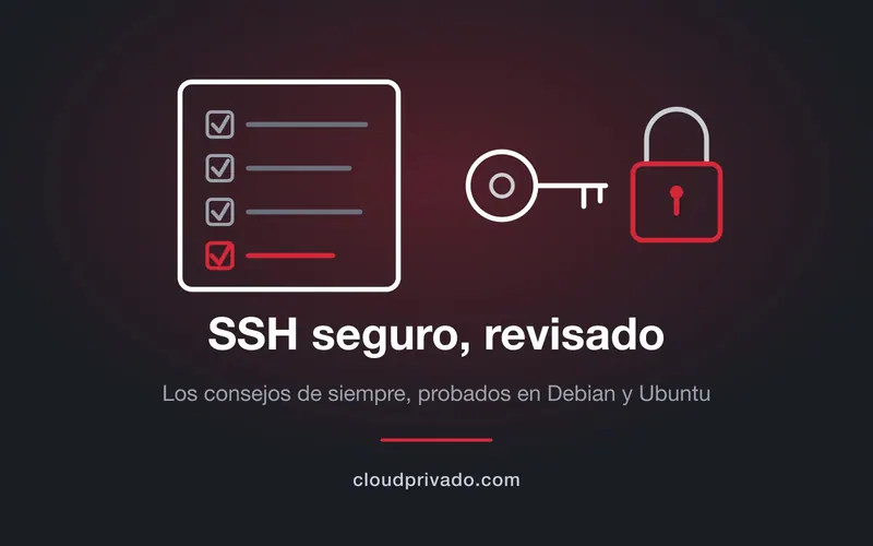 Lista de comprobación con tres marcas grises y una roja junto a una llave y un candado dibujados con trazo blanco