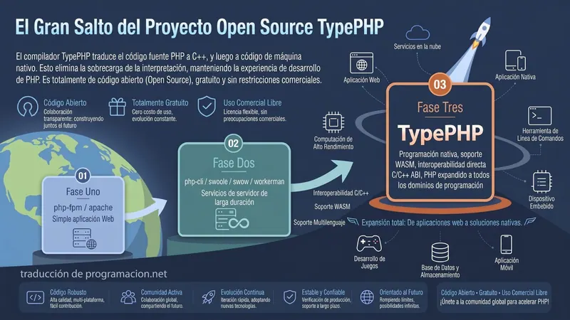 Infografía «El Gran Salto del Proyecto Open Source TypePHP»: las tres fases del proyecto, desde php-fpm y Apache para aplicaciones web simples, a servidores de larga duración con php-cli, Swoole, Swow y Workerman, hasta TypePHP con programación nativa, soporte WASM e interoperabilidad directa con el ABI de C y C++