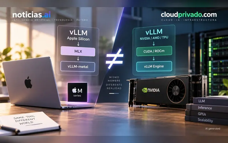 Un MacBook con la ruta Apple Silicon → MLX → vLLM-Metal frente a una GPU NVIDIA con CUDA → vLLM, separados por un signo ≠